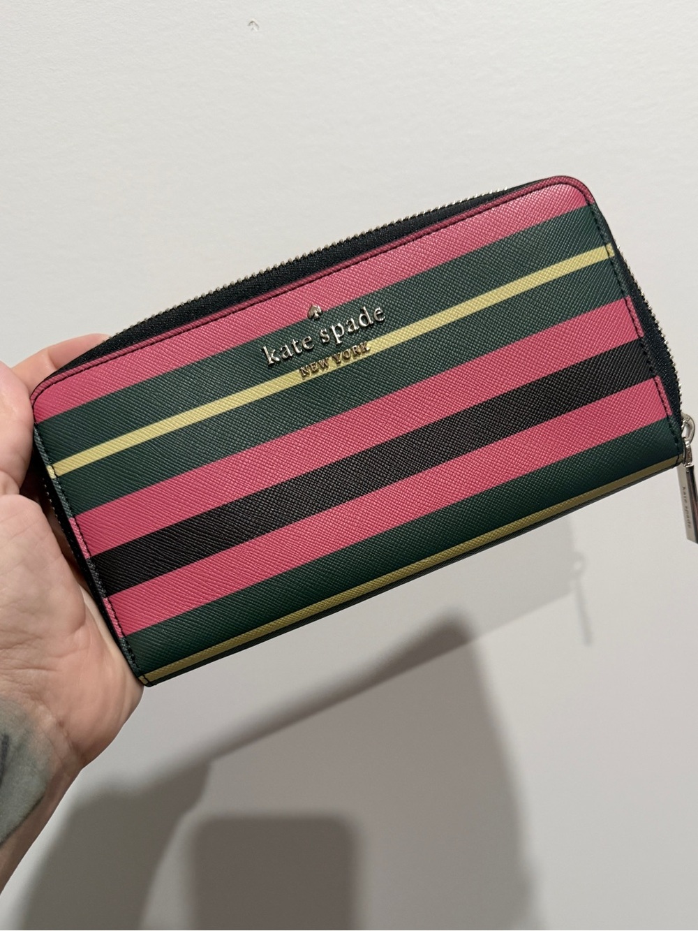 kate spade Pink, Green & Black Striped Zip Wallet